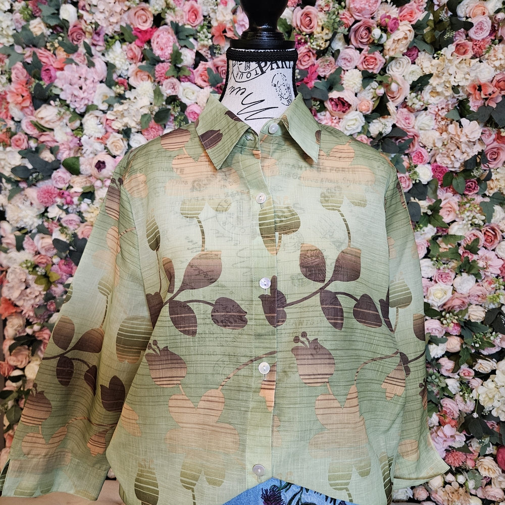 Green and Brown Floral Button Down Shirt Size 12